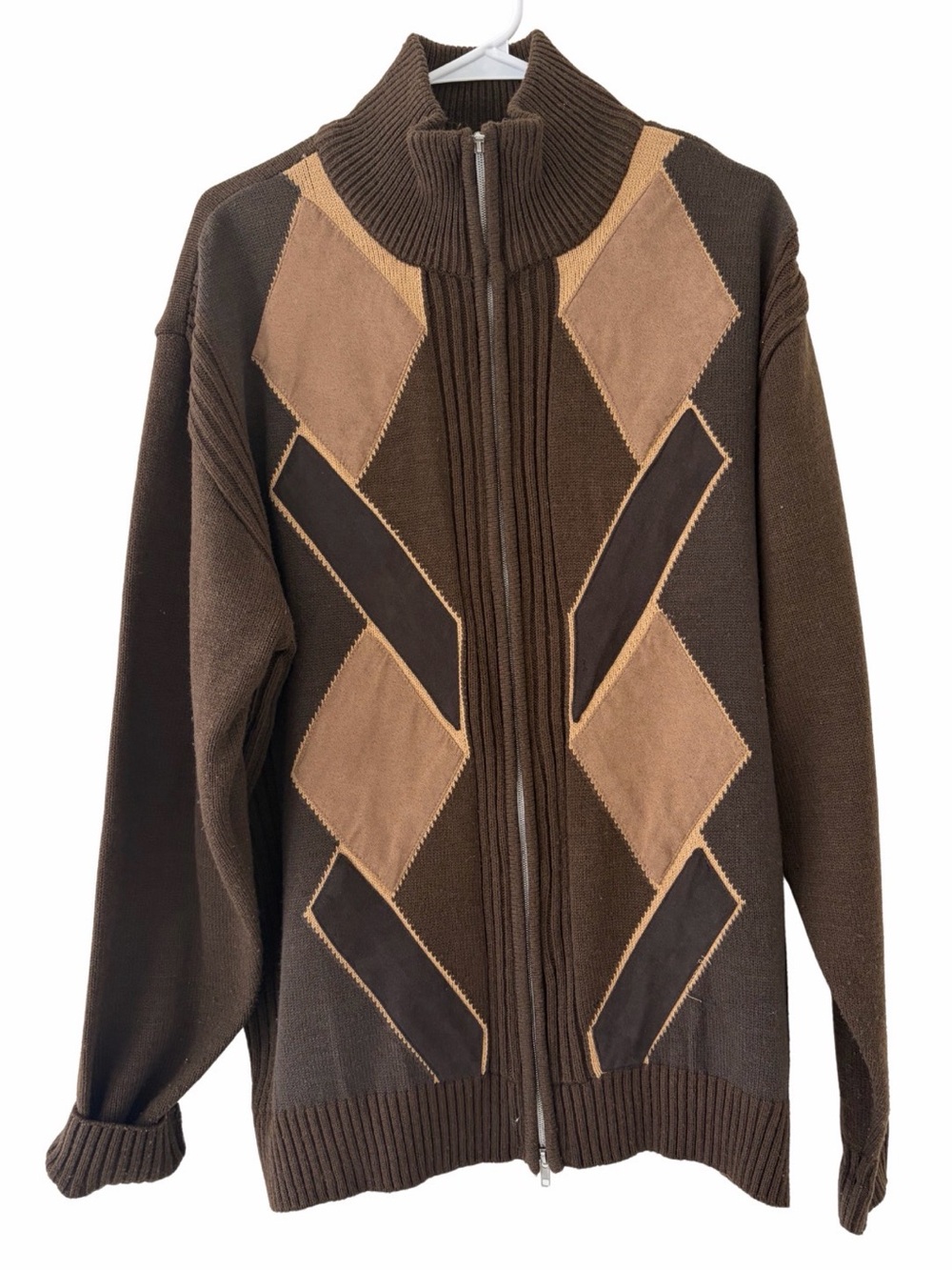 New Gen Brown Full Zip Cardigan Sweater Men’s Large Faux Suede Argyle Mock Neck